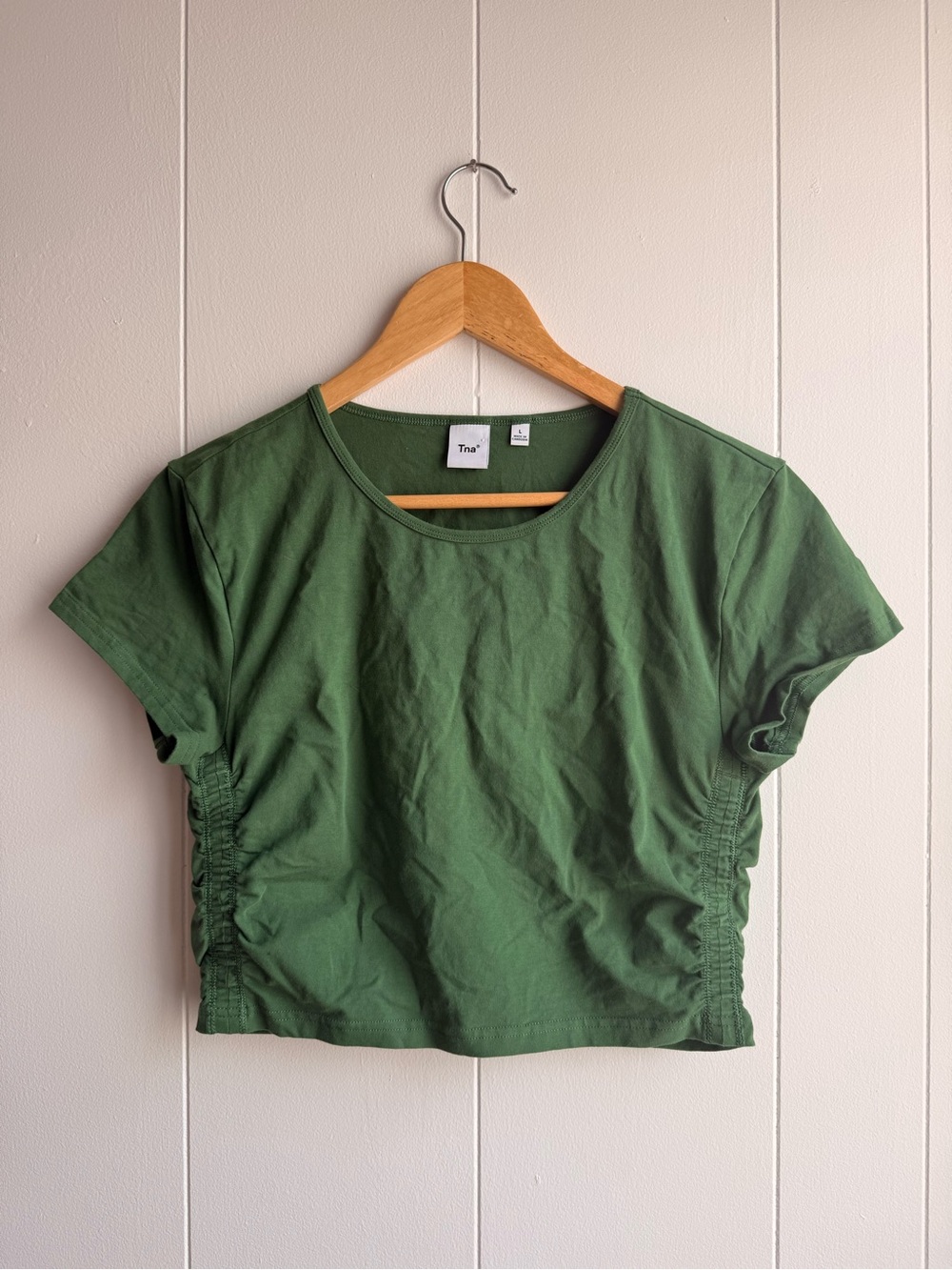 TNA Green Short Sleeve Ruched Crop Top